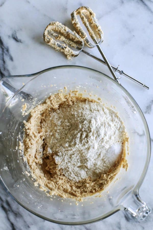 butter, brown sugar, and granulated sugar in a clear bowl