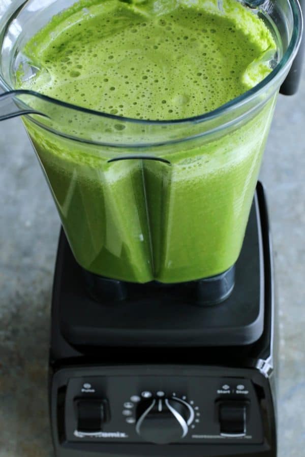green juice blended in blender pitcher