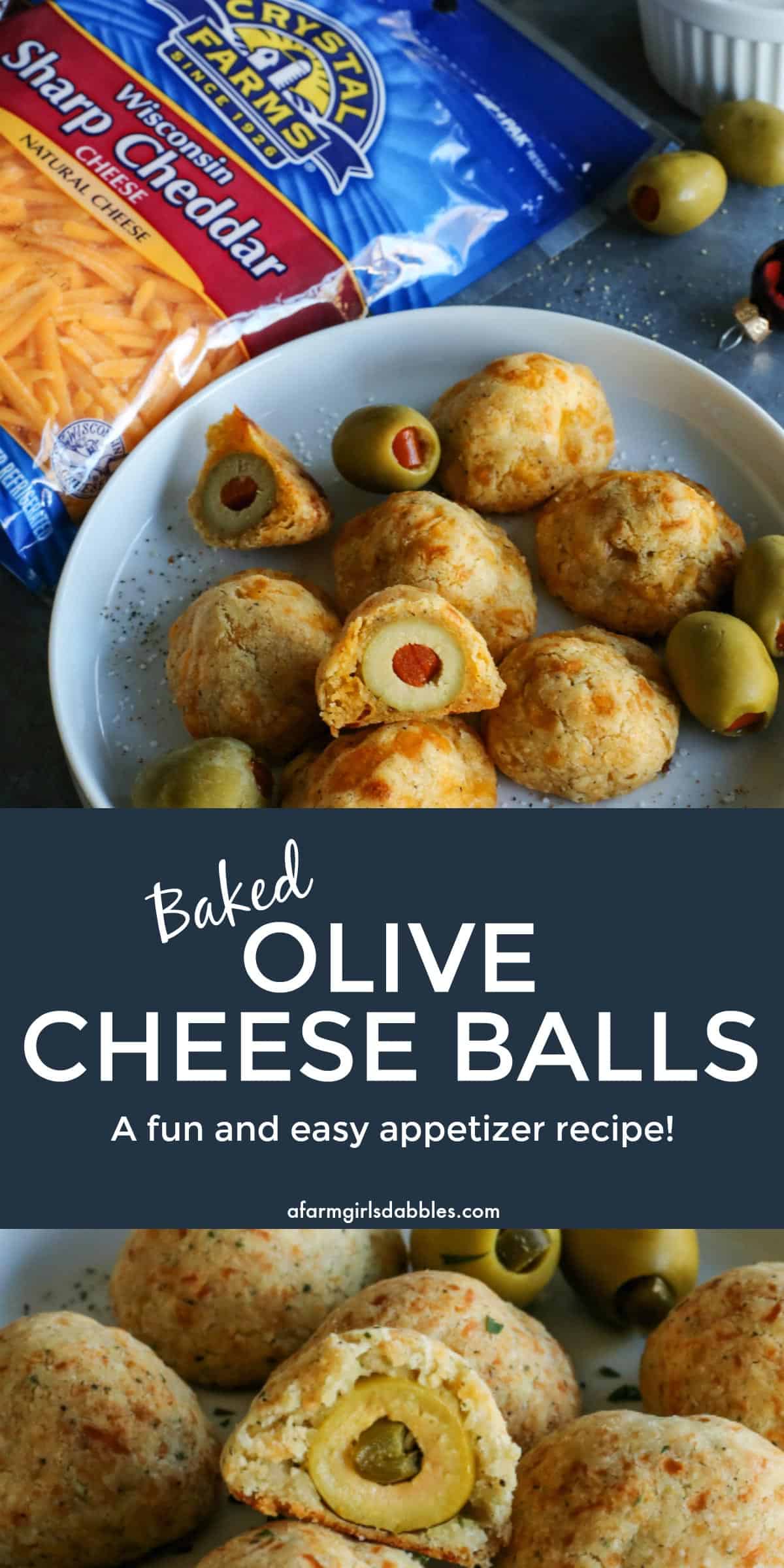 pinterest image of baked olive cheese balls on a plate - with a cup of buttermilk ranch dip and package of Crystal Farms Sharp Cheddar cheese on the side