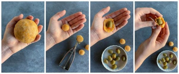 four steps to make an olive cheese ball: all of dough in a ball, smaller portions of dough portioned into balls, dough flattened with an olive in the middle, wrapping flattened dough around an olive