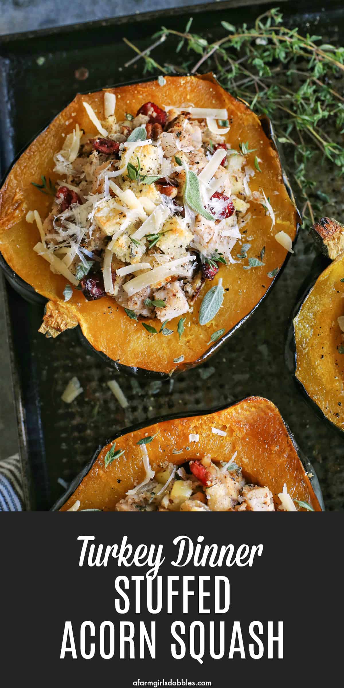 pinterest image of halved acorn squash on pan, stuffed with a turkey and dressing mixture