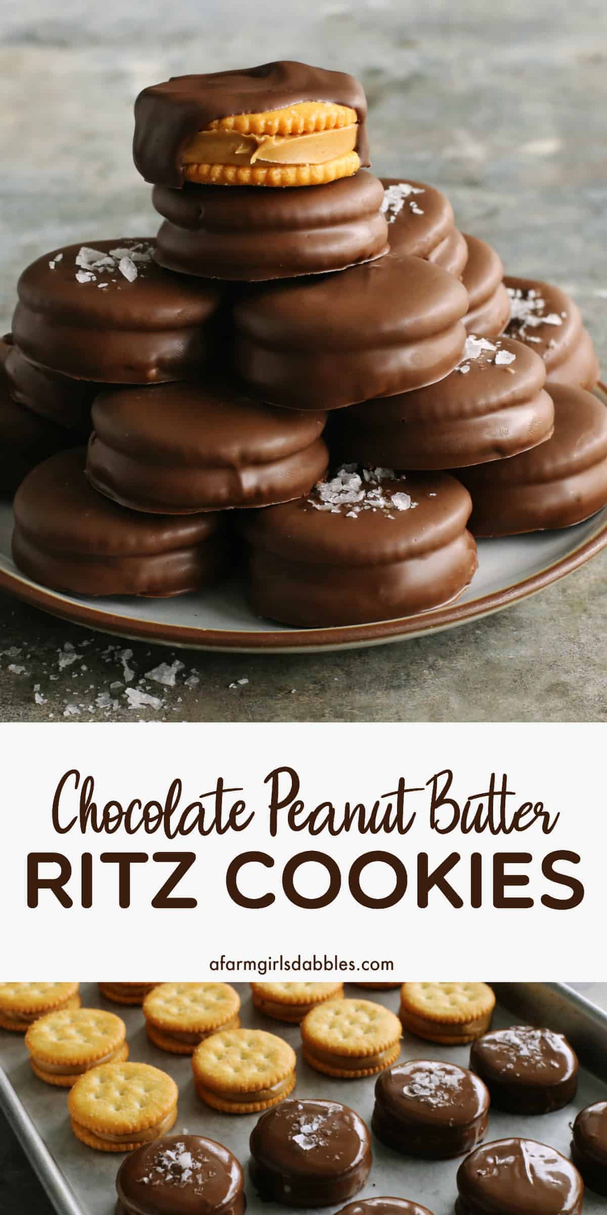 pinterest image of chocolate-dipped peanut butter Ritz cookies stacked on a plate