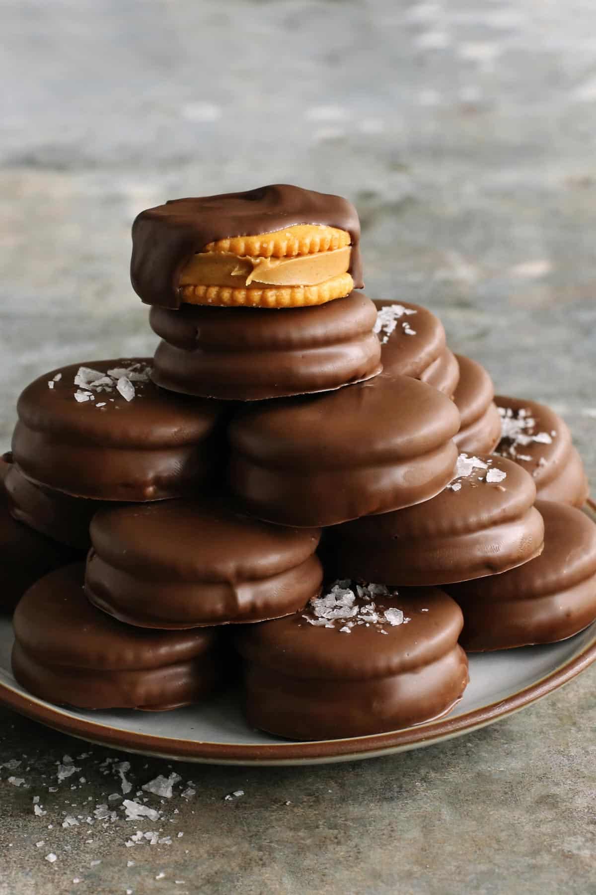 chocolate covered cookies stacked on a plate