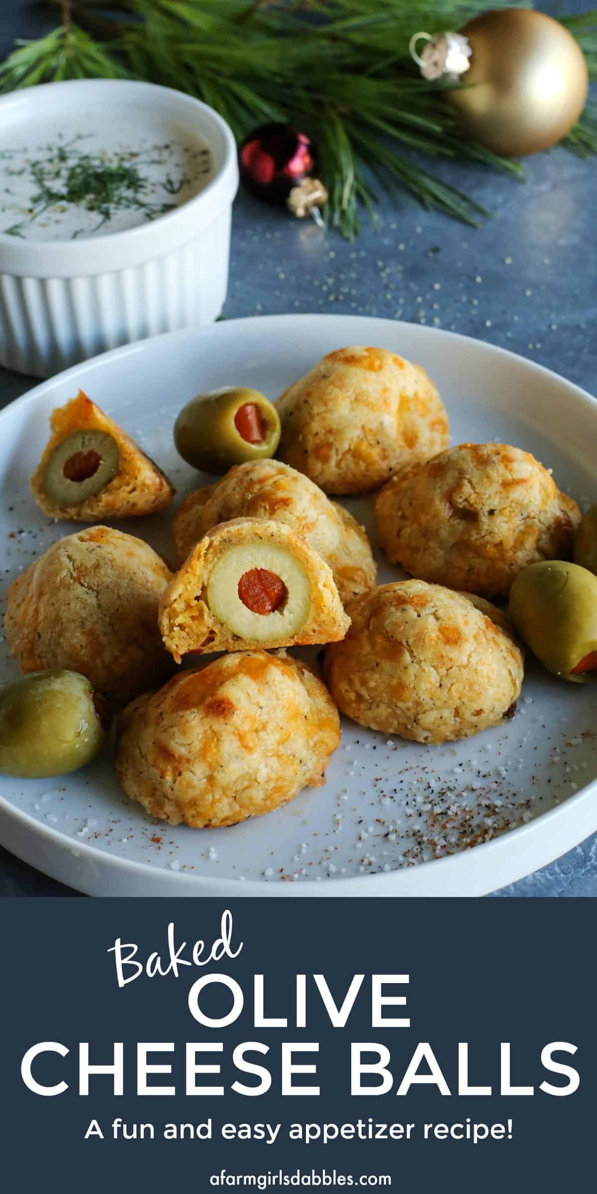 olive cheese balls and Christmas ornaments