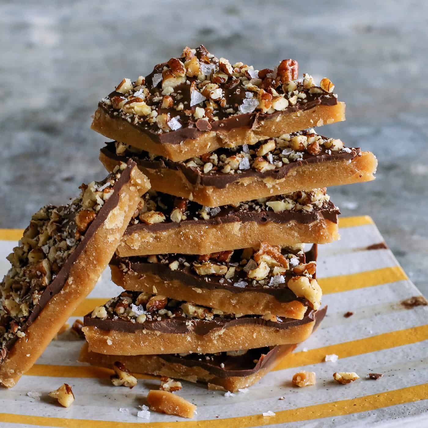 A stack of toffee buttercrunch pieces