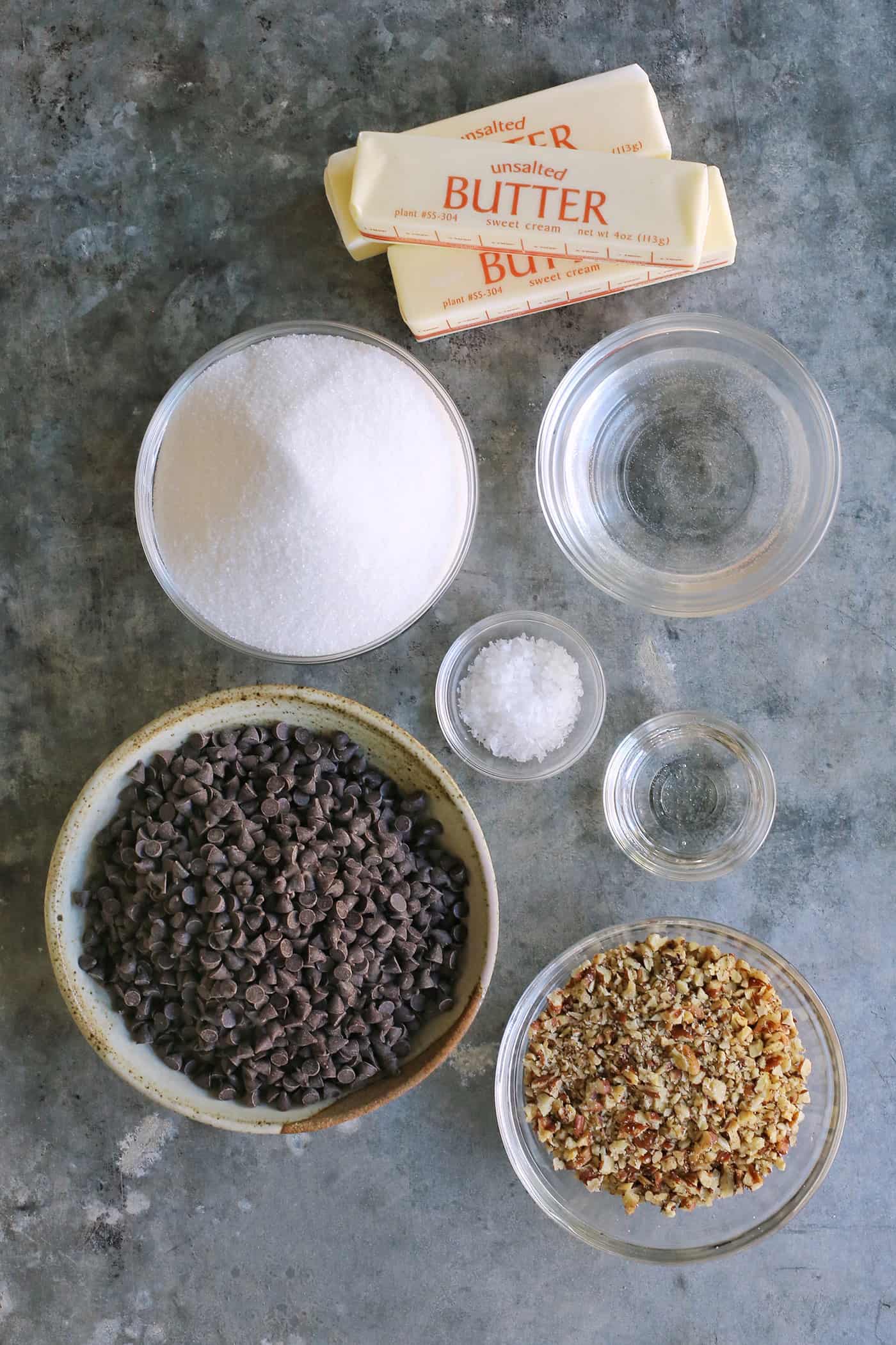 Overhead view of homemade toffee ingredients