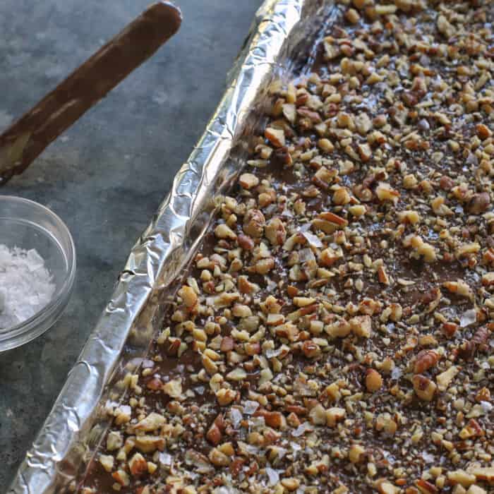 Homemade toffee butter crunch in a pan