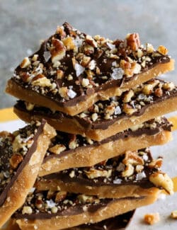 A stack of homemade toffee with chocolate