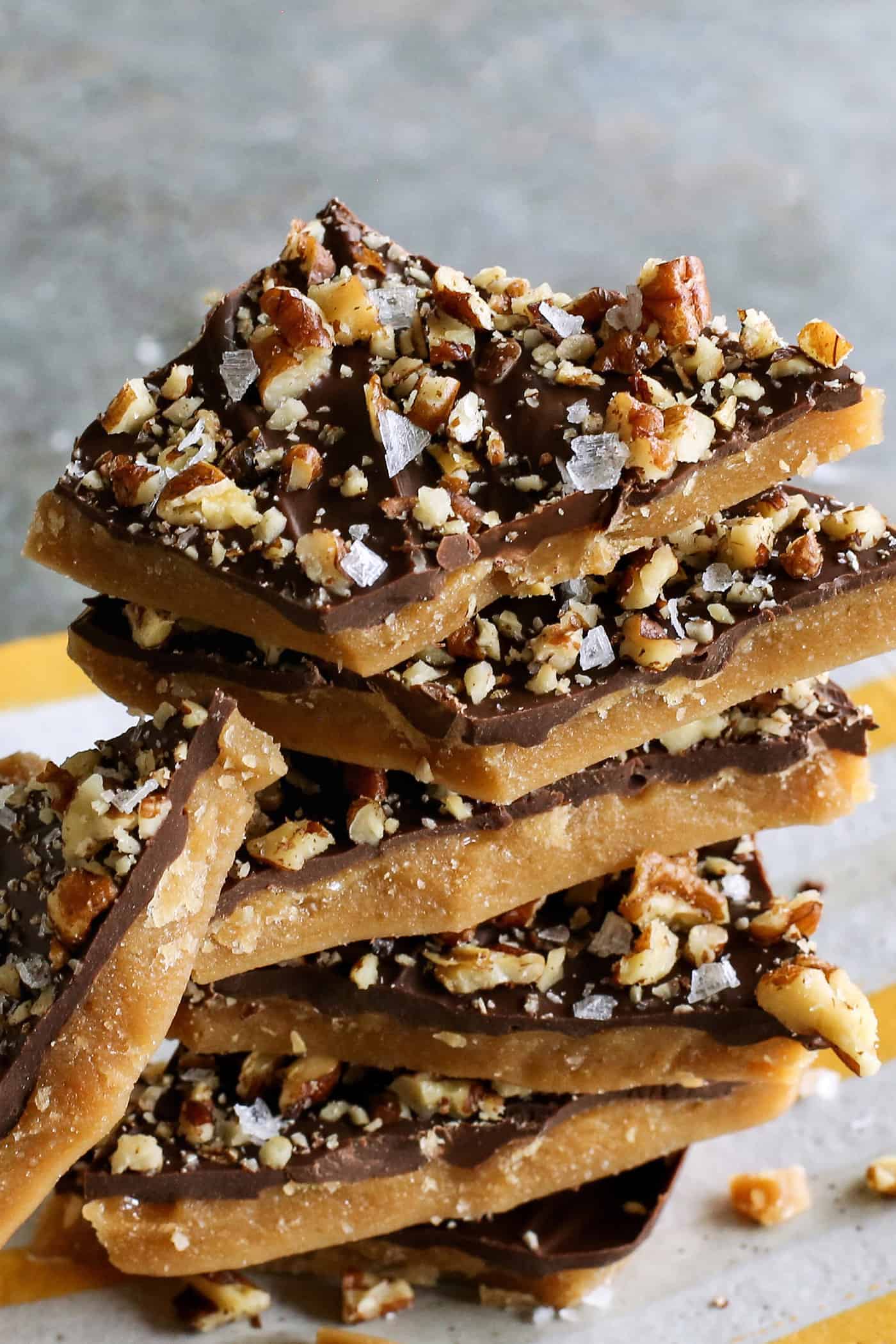 A stack of homemade toffee with chocolate