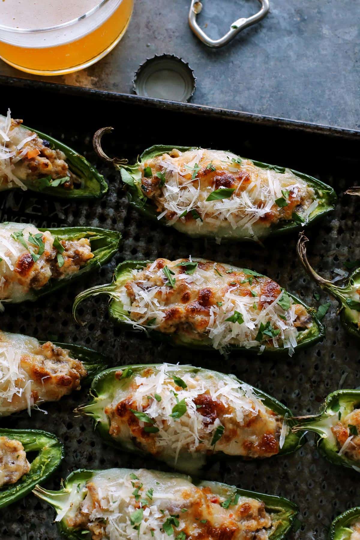 jalapenos with filling, on a pan