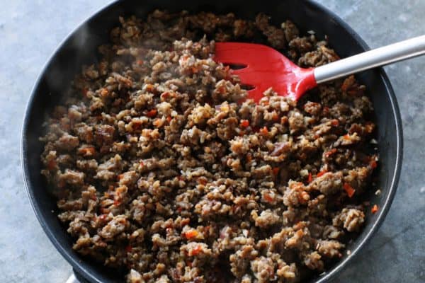 Italian sausage browned in a skillet