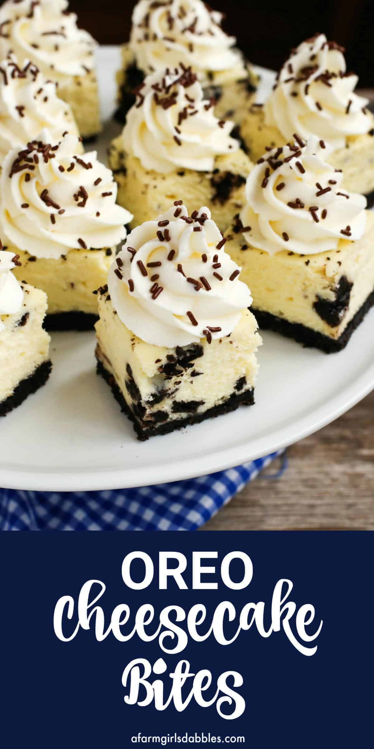 Mini Oreo Cheesecakes with whipped cream on a white plate