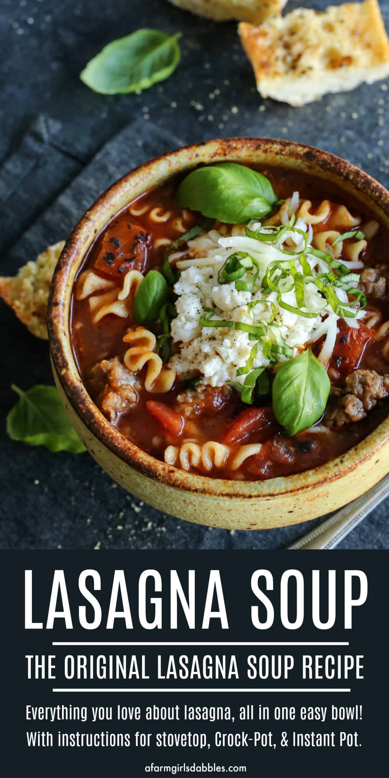 pinterest image of lasagna soup recipe