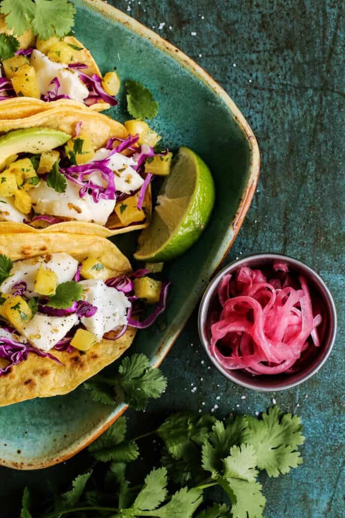 fish tacos with pickled red onions