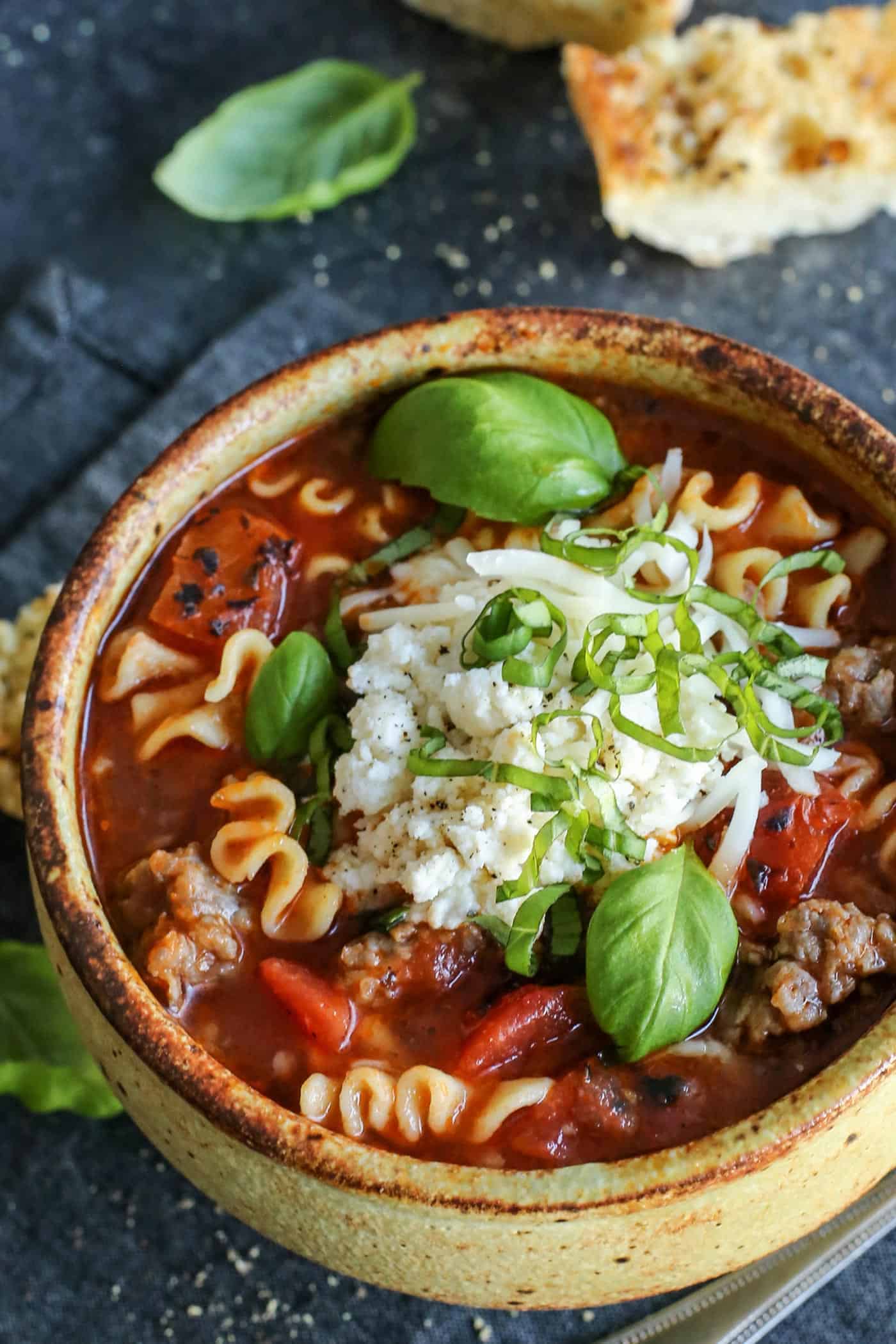 Overhead photo of lasagna soup in a bowl