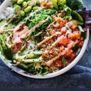 pinterest image of easy poke bowl with warm rice and cold salmon