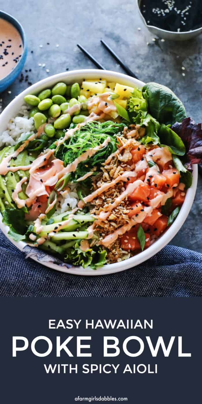 pinterest image of easy poke bowl with warm rice and cold salmon