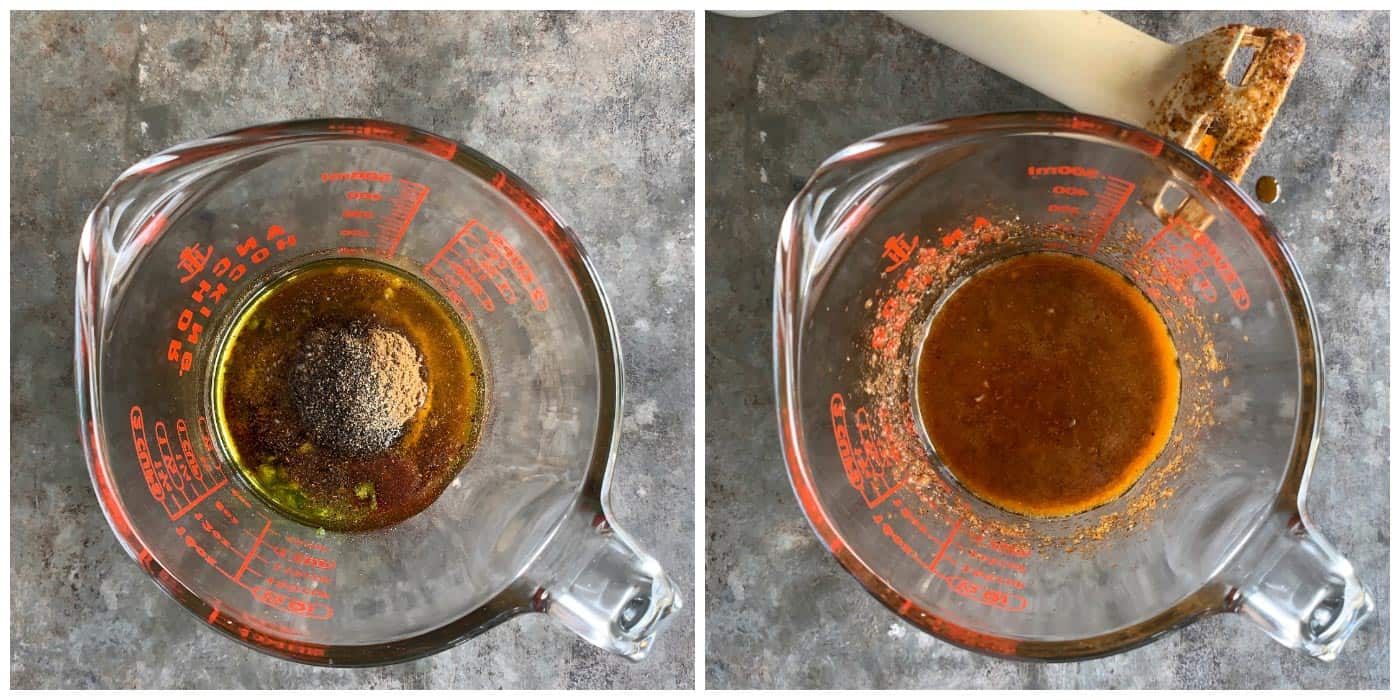 Shrimp marinade in a glass bowl.