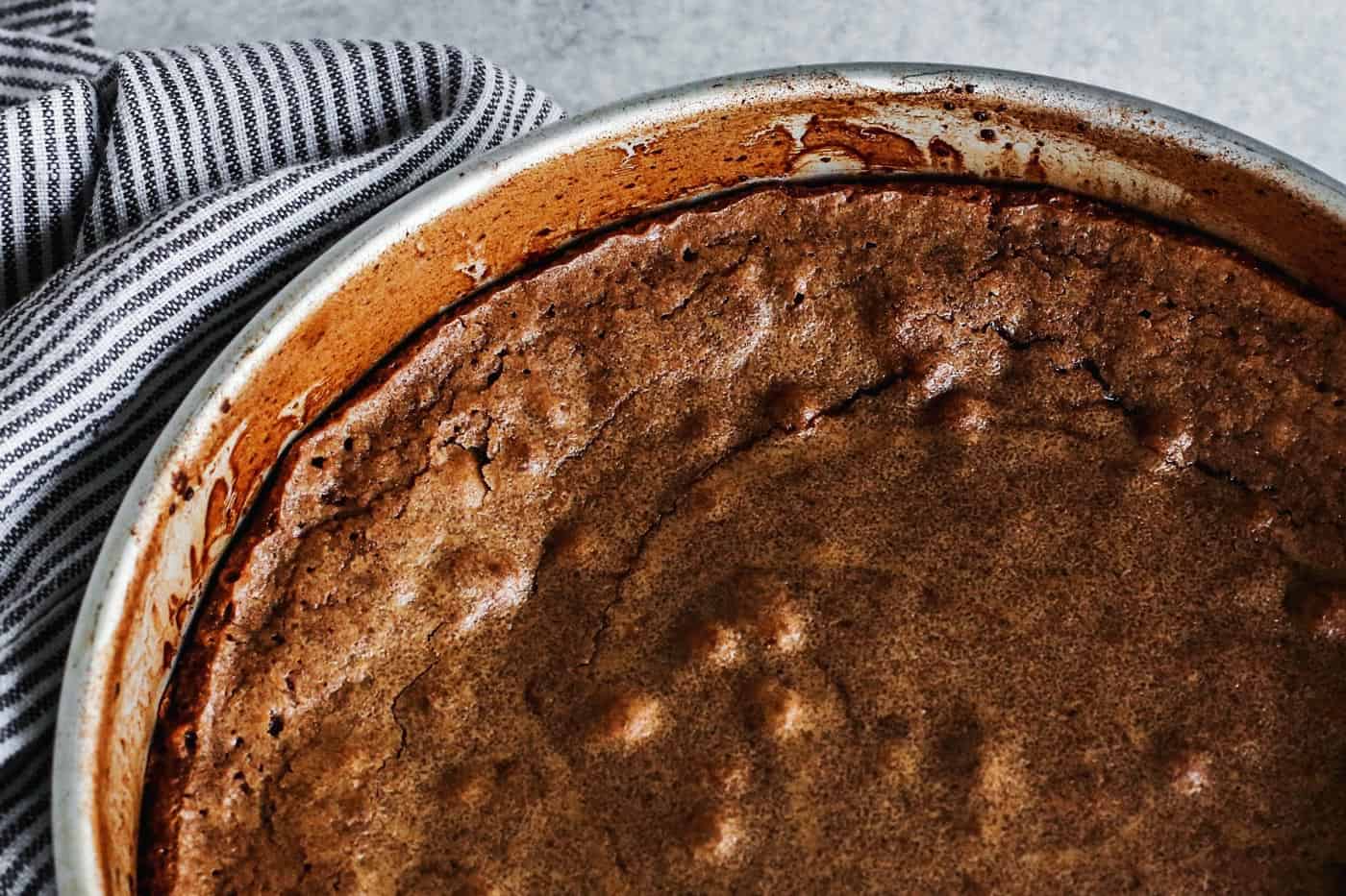 freshly baked Kladdkaka chocolate cake in pan