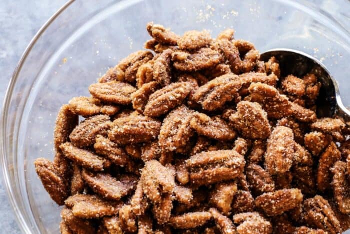 pecans coated with sugar mixture