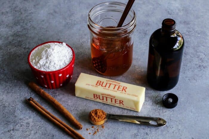 powdered sugar, honey, vanilla extract, butter, and cinnamon