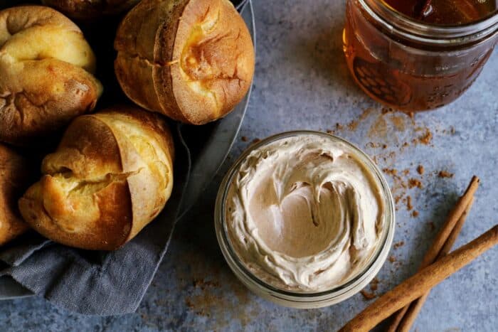 butter whipped with honey and cinnamon, plus a basket of popovers