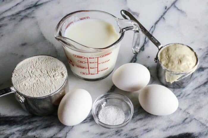 flour, milk, eggs, sourdough discard, and salt