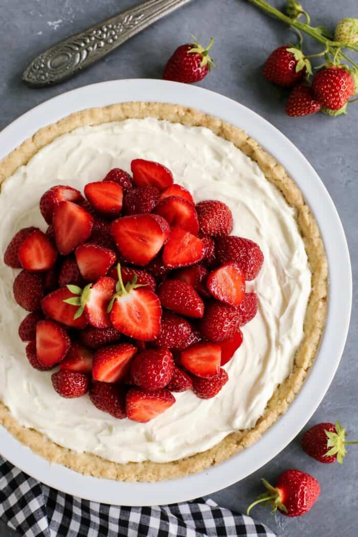 pie with cream cheese filling, topped with fresh strawberries