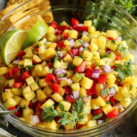 close-up photo of homemade salsa made with pineapple