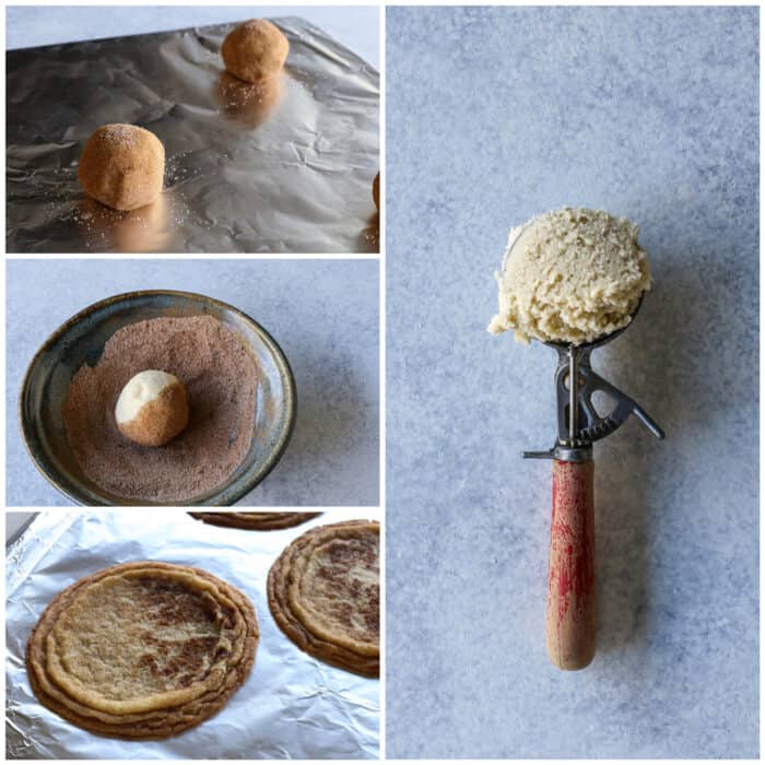 collage of images showing how to make pan-banging snickerdoodles