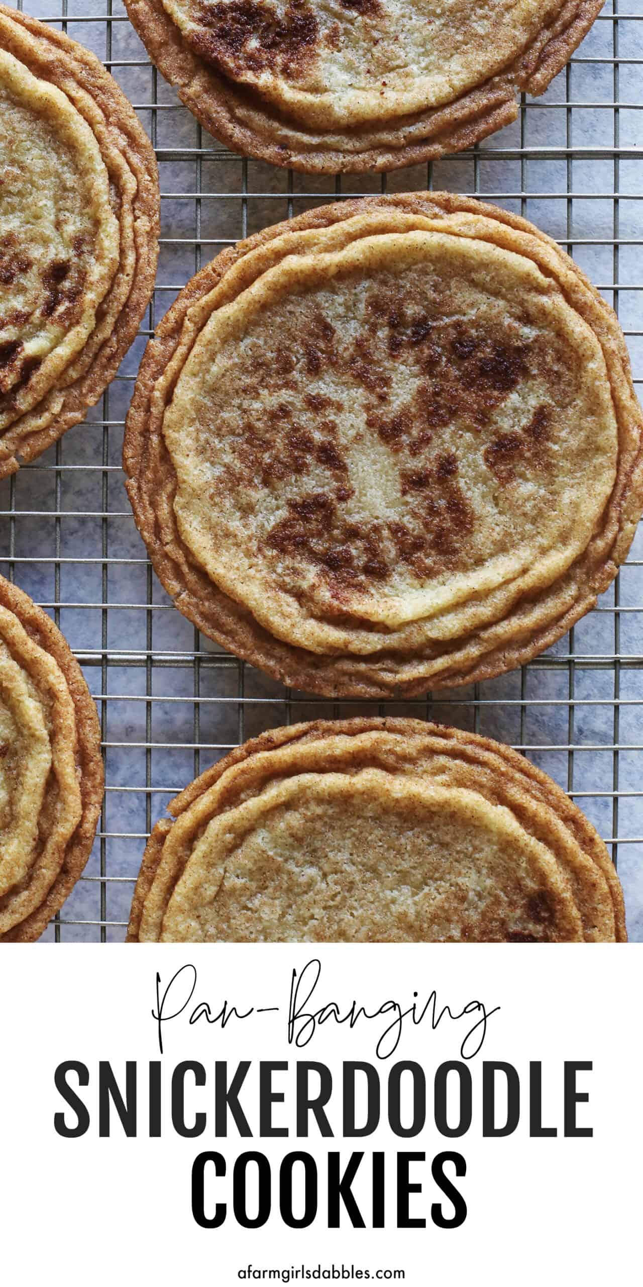 Pinterest image for pan-banging snickerdoodle cookies