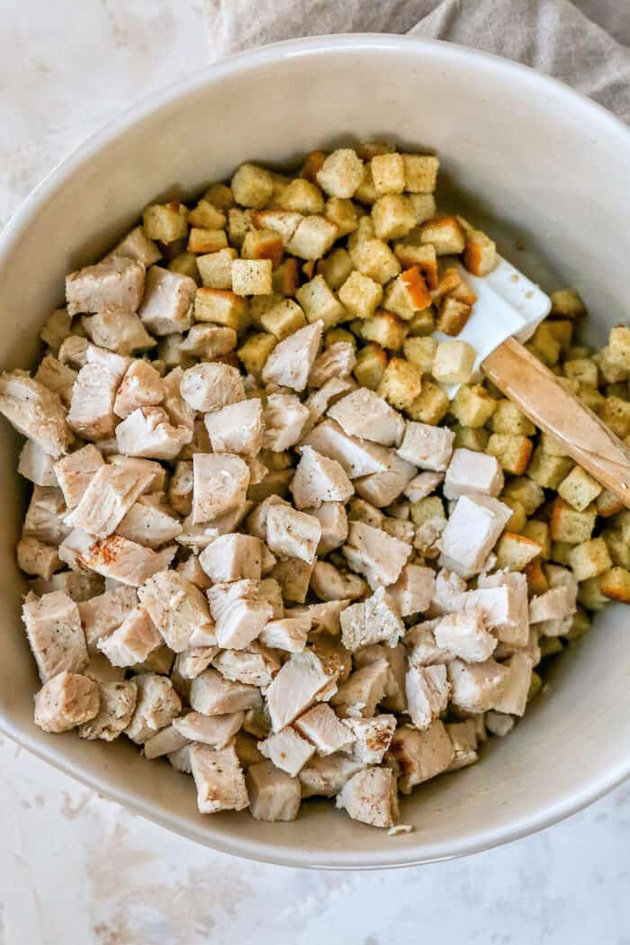 turkey and cubed stuffing in a bowl