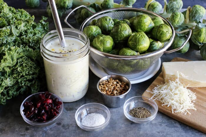 Brussels sprouts, kale, dried cranberries, sunflower nuts, Parmesan, salt and pepper, and jar of lemon yogurt dressing