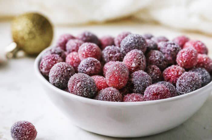 candied cranberries in a white bowl