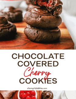 These chocolate covered cherry cookies have maraschino cherries in the center and are surrounded by moist chocolate cookies and topped with fudge.