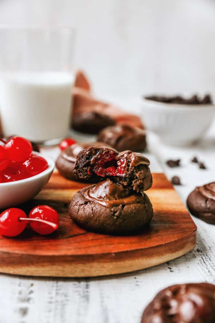 chocolate cherry cookies and a bowl of maraschino cherries