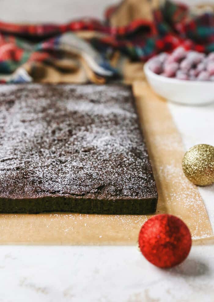 baked brownie pulled out of pan, for cutting