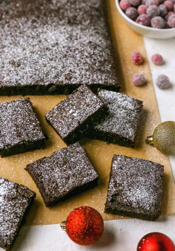 gingerbread brownies, sugared cranberries, and Christmas ornaments