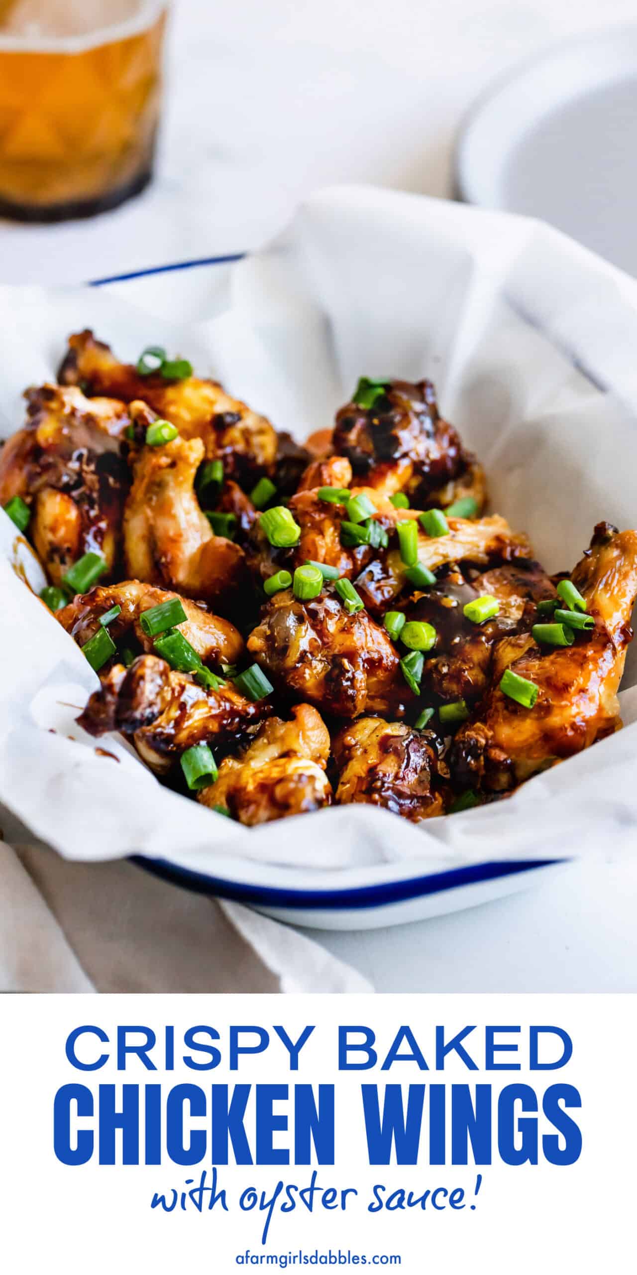 Pinterest image of crispy baked chicken wings with oyster sauce