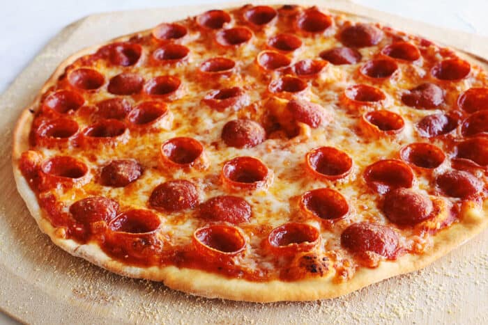 a baked pepperoni pizza