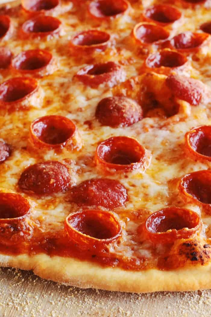 close-up of pizza's thin crust