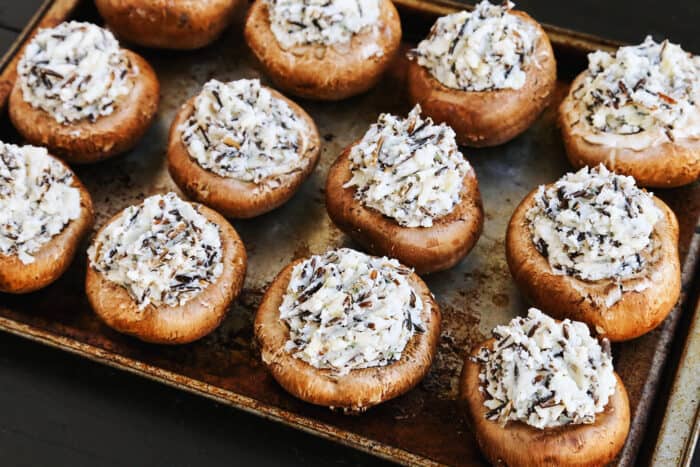 baby portobello mushroom caps stuffed with mashed potatoes and wild rice