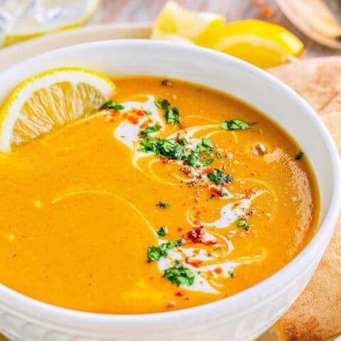 spicy lentil soup in a white bowl
