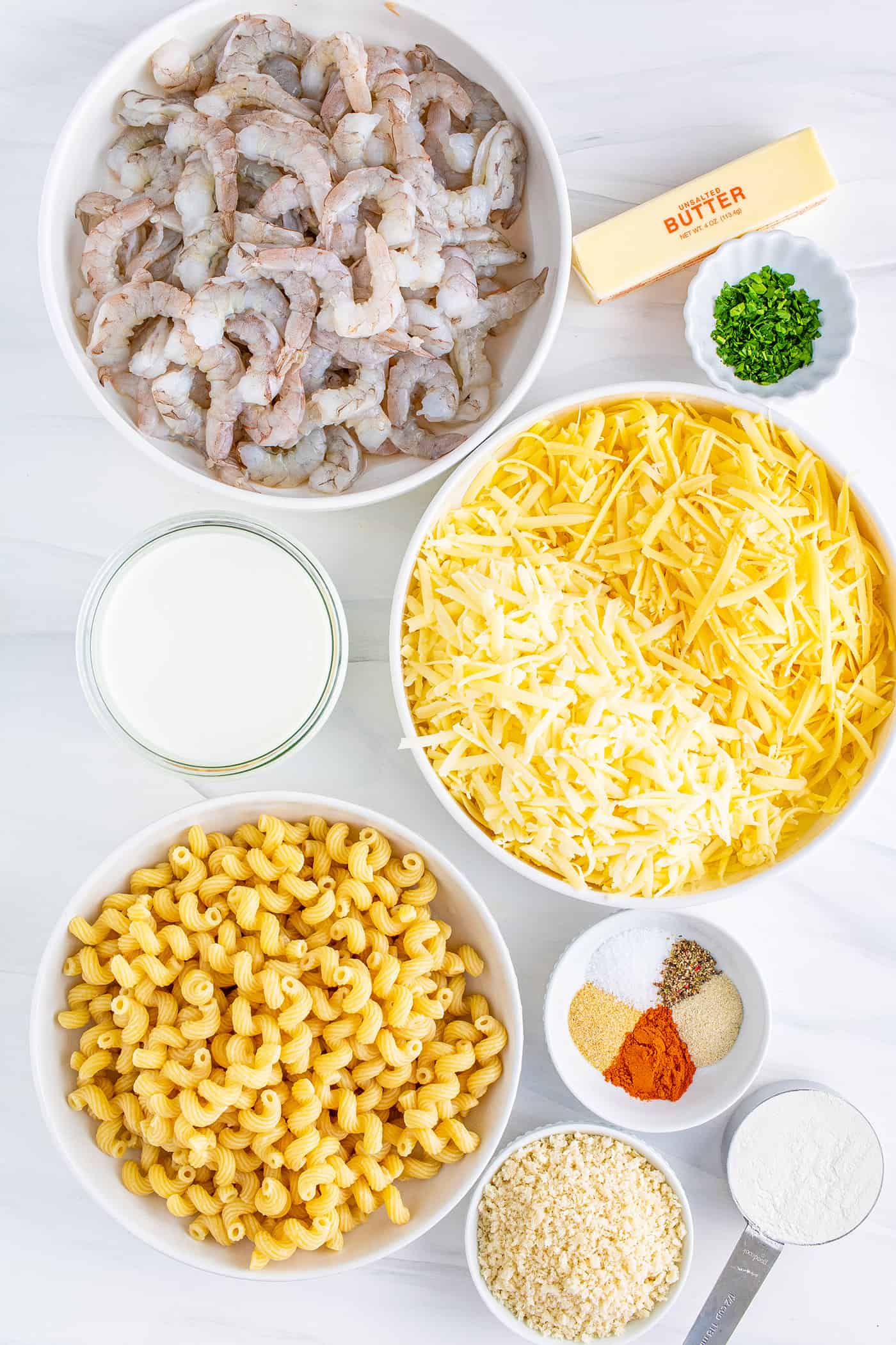 ingredients for macaroni and cheese with shrimp