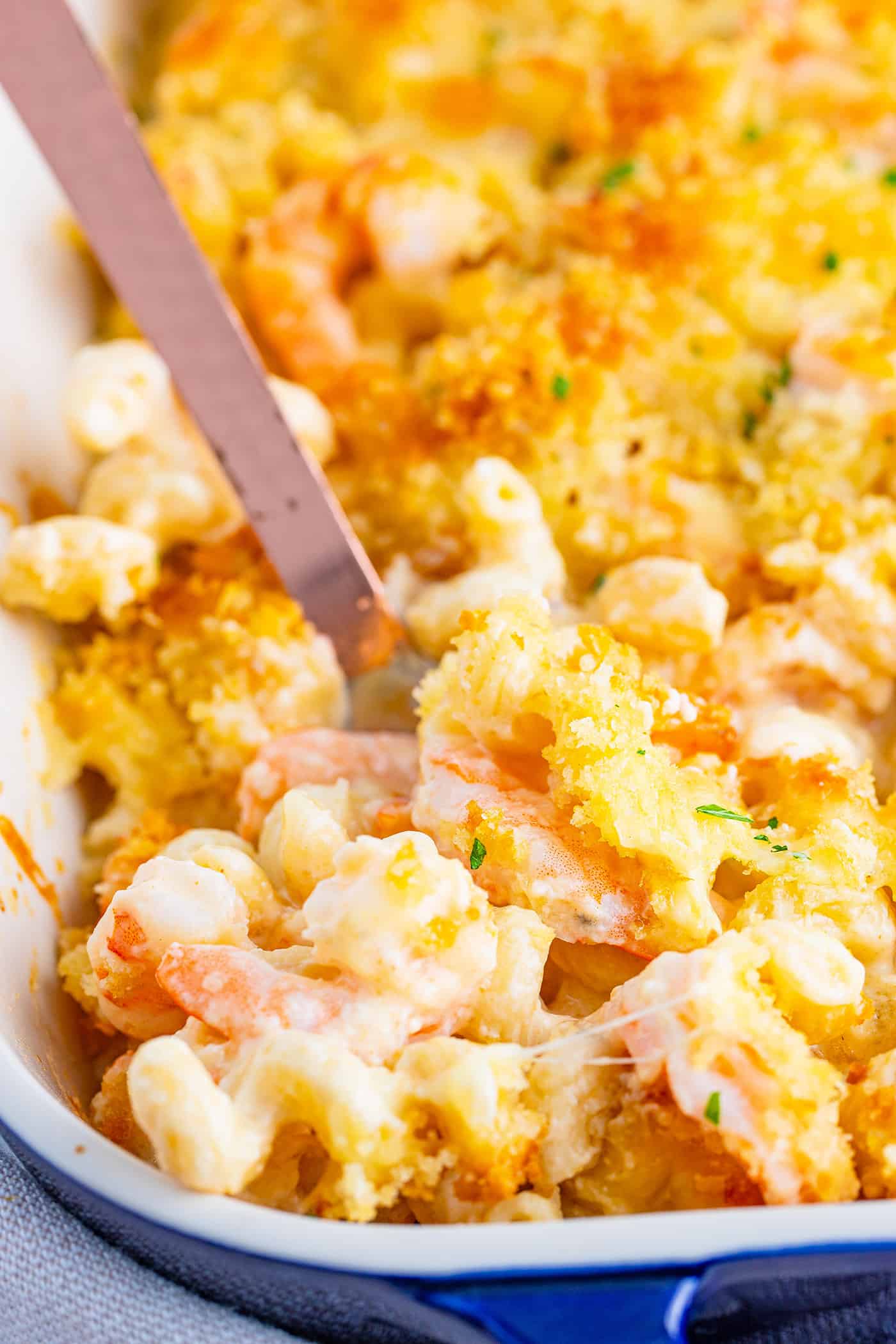 a spoon digging into baked mac & cheese, showing the shrimp inside