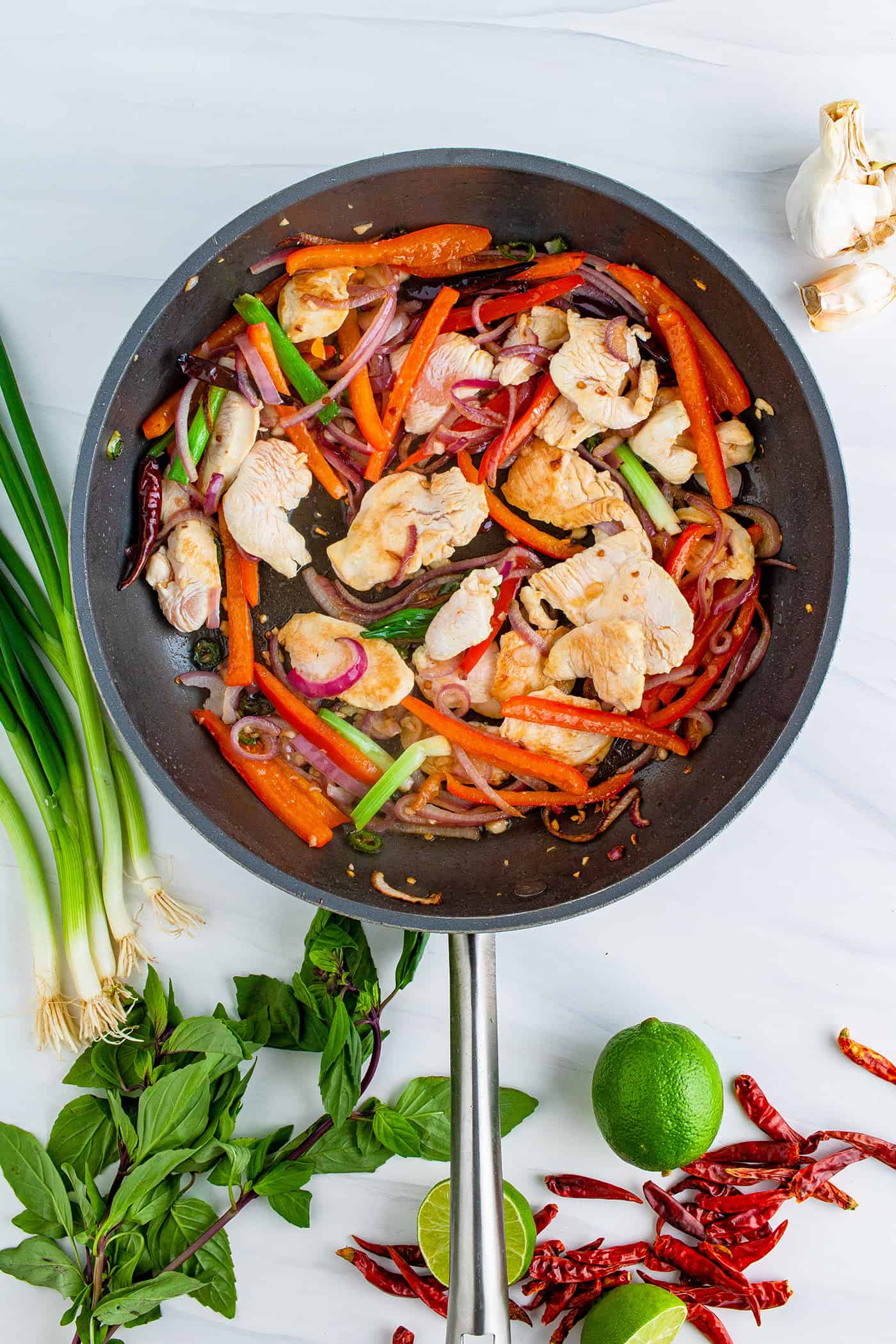 a pan with sauteed chicken and vegetables