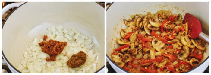 a collage of two photos showing sauteeing curry paste and vegetables in a big white pot