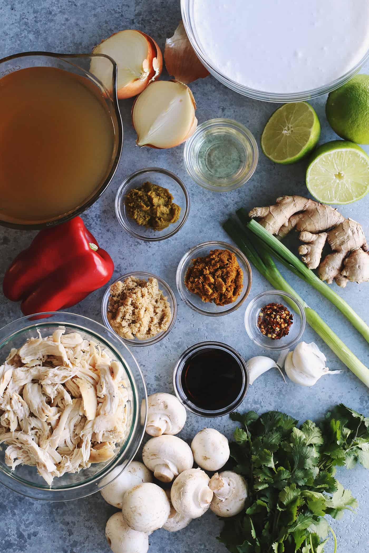 ingredients on a counter, to make chicken soup with coconut milk and curry