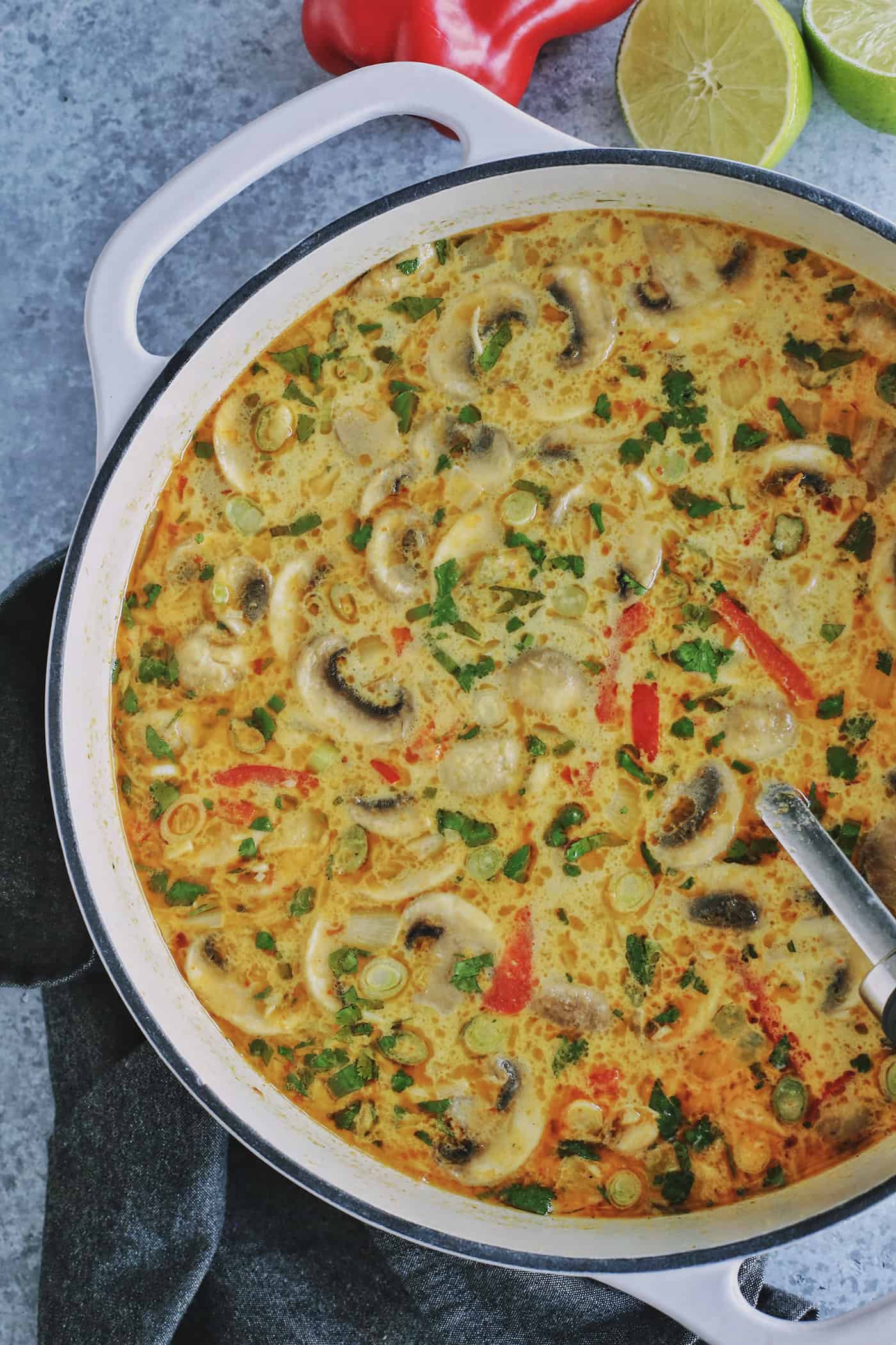 a big white pot of coconut curry soup with chicken