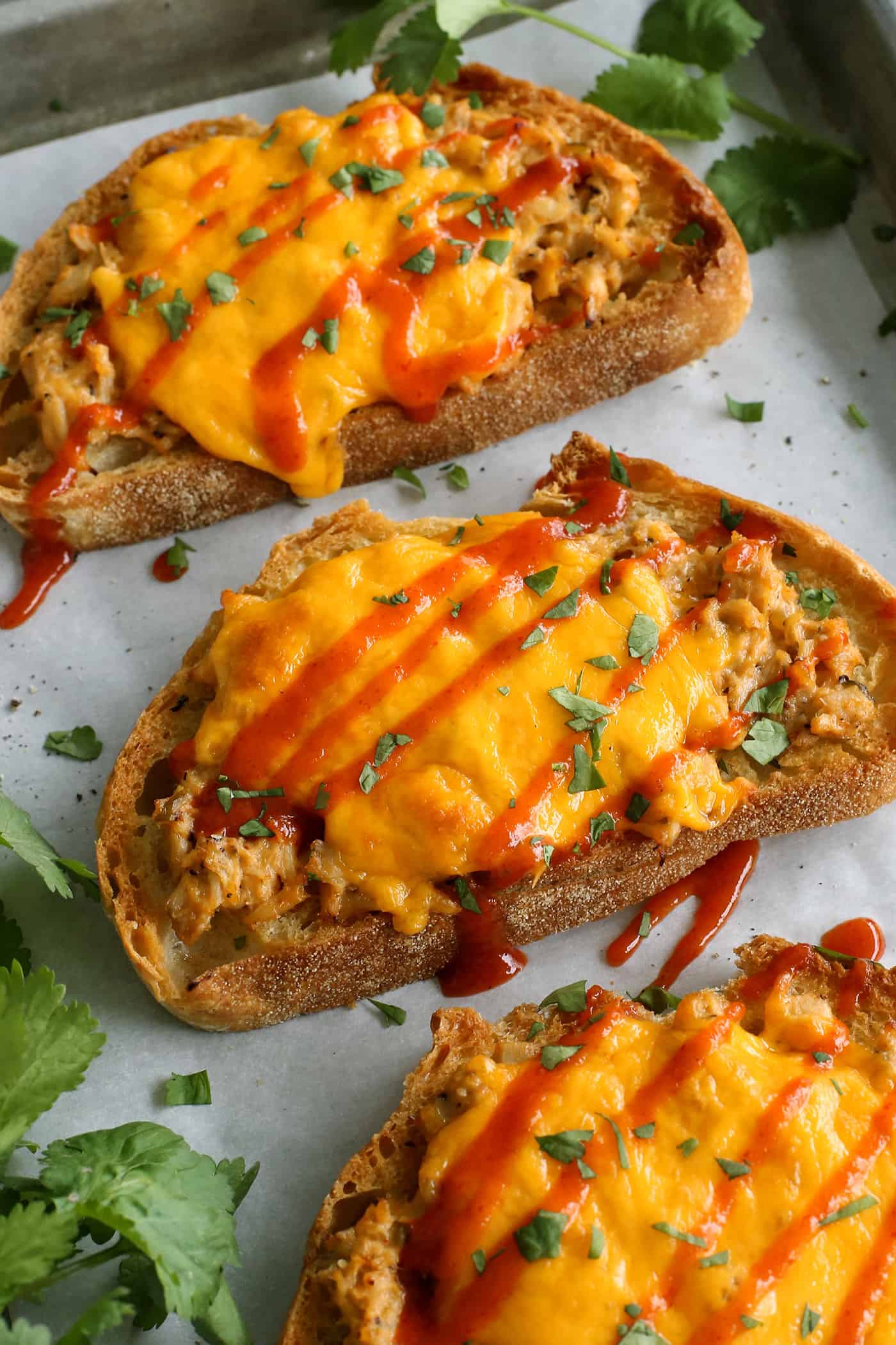 sriracha tuna melts on a sheet pan